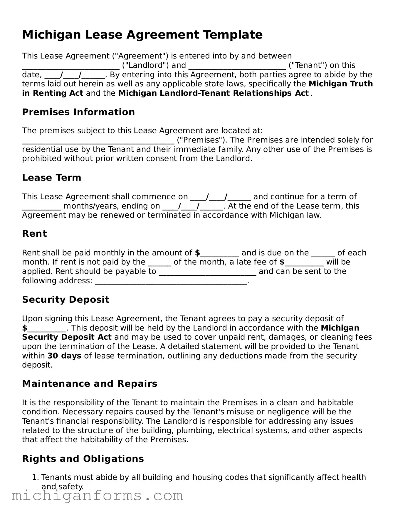  Lease Agreement Document for Michigan