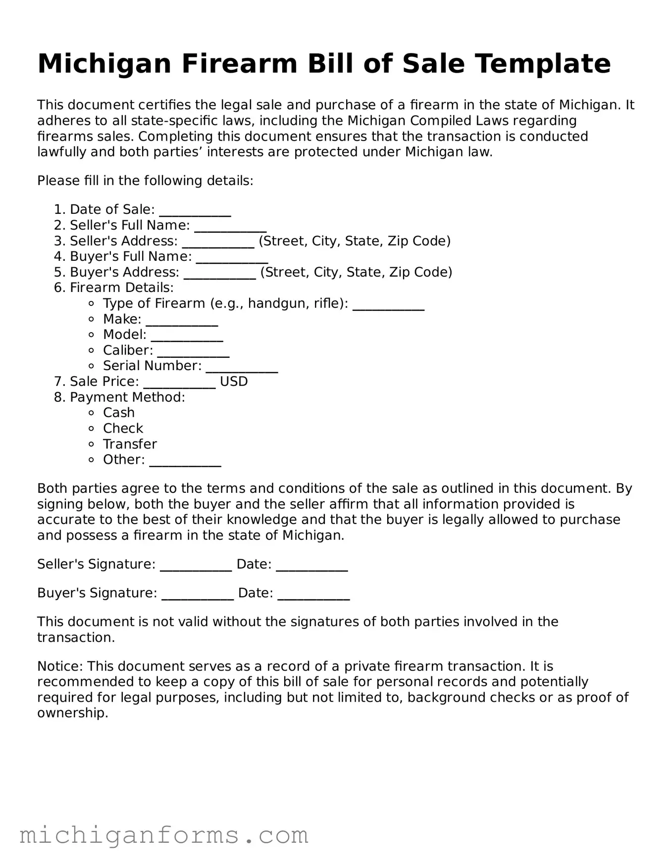  Firearm Bill of Sale Document for Michigan