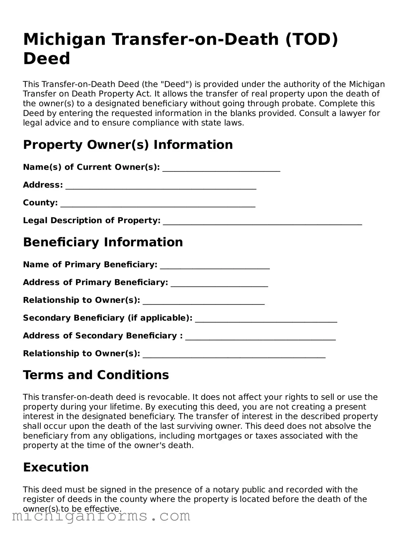  Transfer-on-Death Deed Document for Michigan
