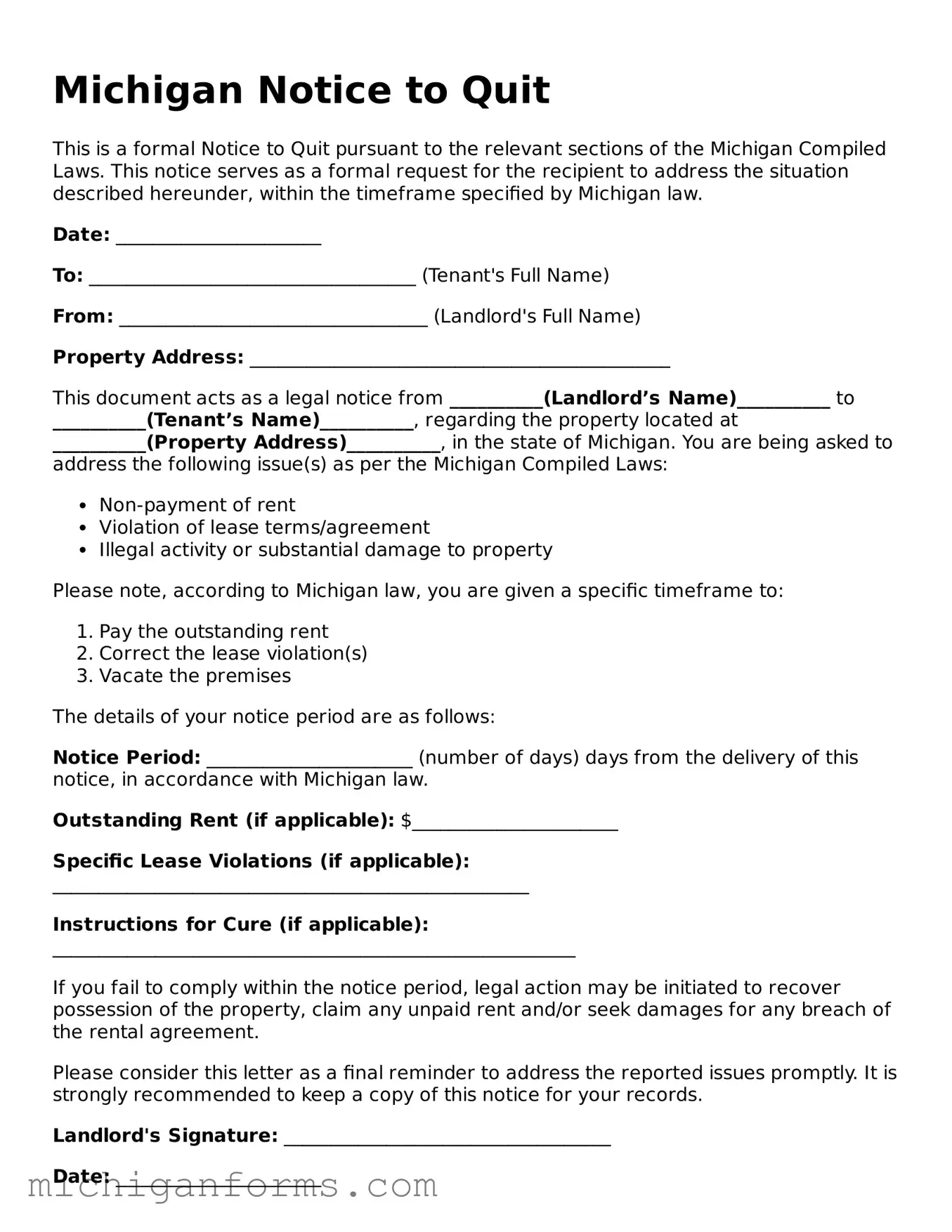  Notice to Quit Document for Michigan