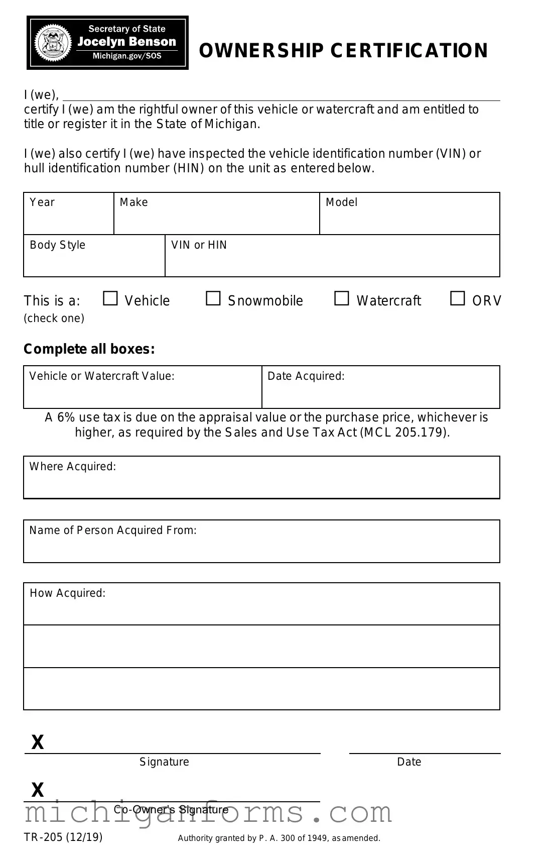 Michigan Tr 205 PDF Form