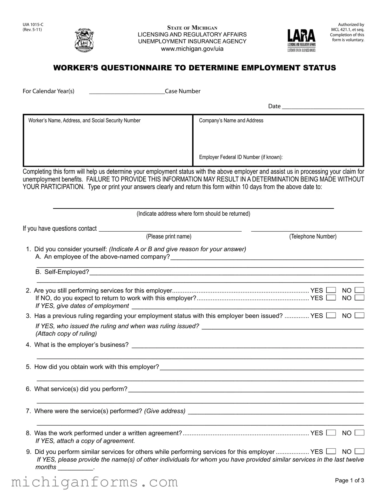 Michigan Uia 1015 C PDF Form