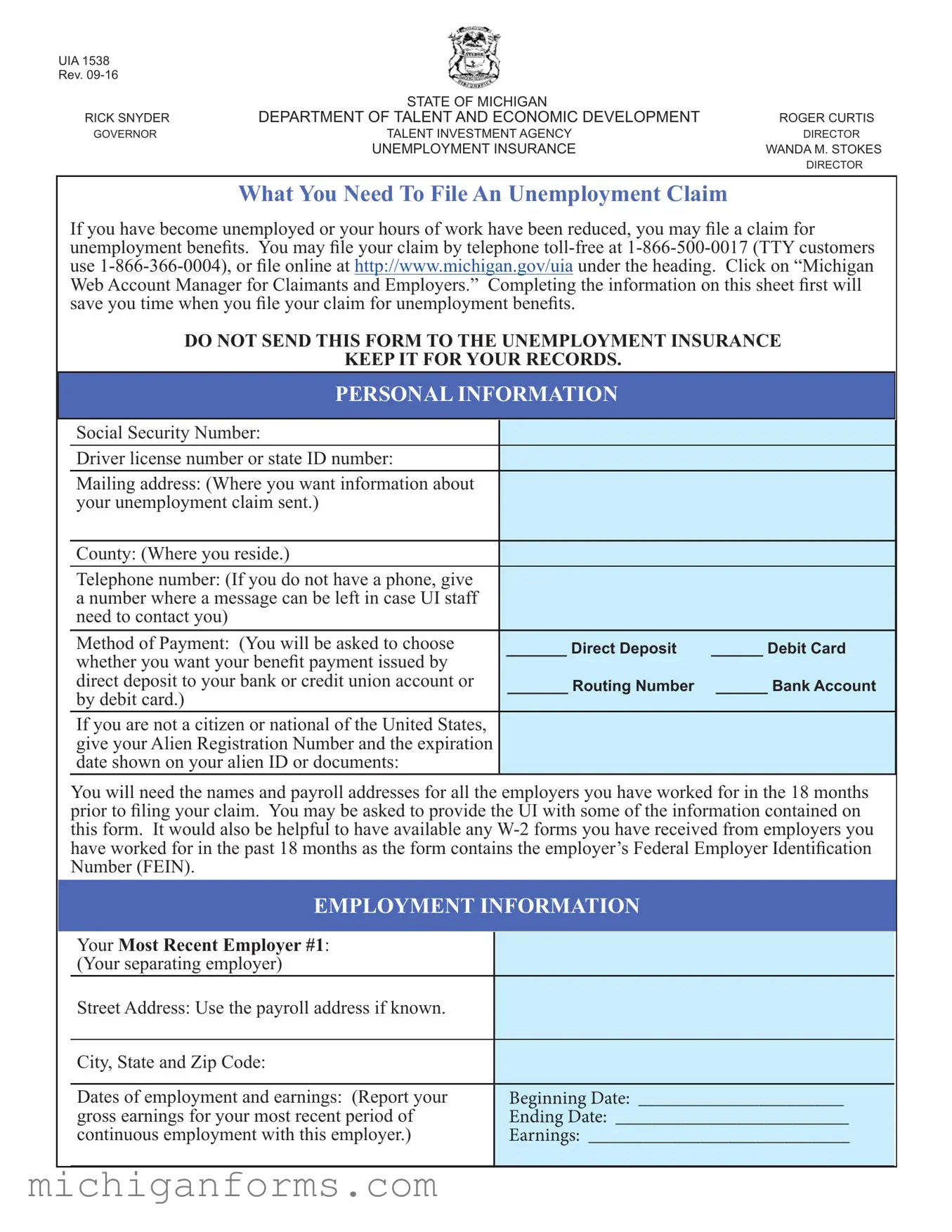 Michigan Uia 1538 PDF Form