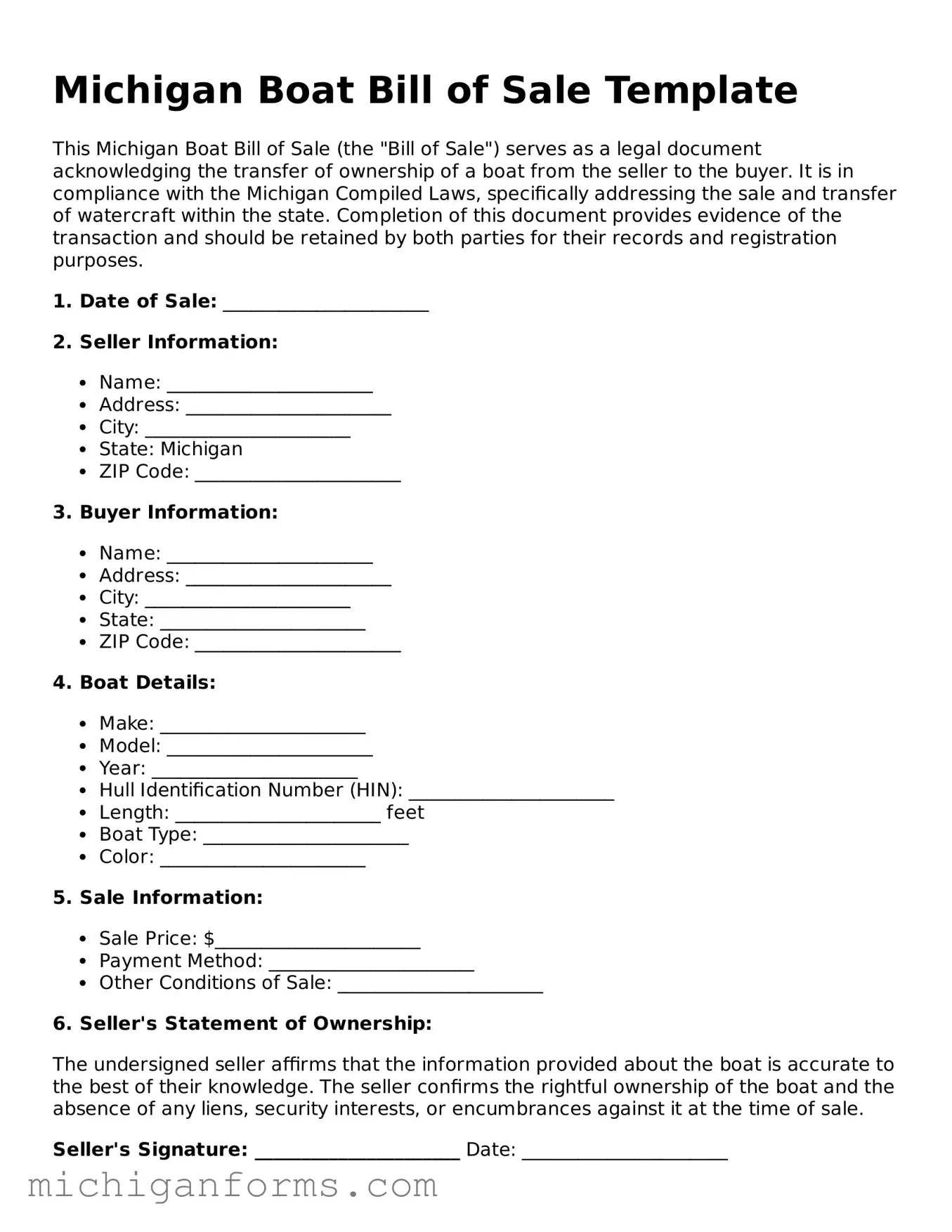  Boat Bill of Sale Document for Michigan