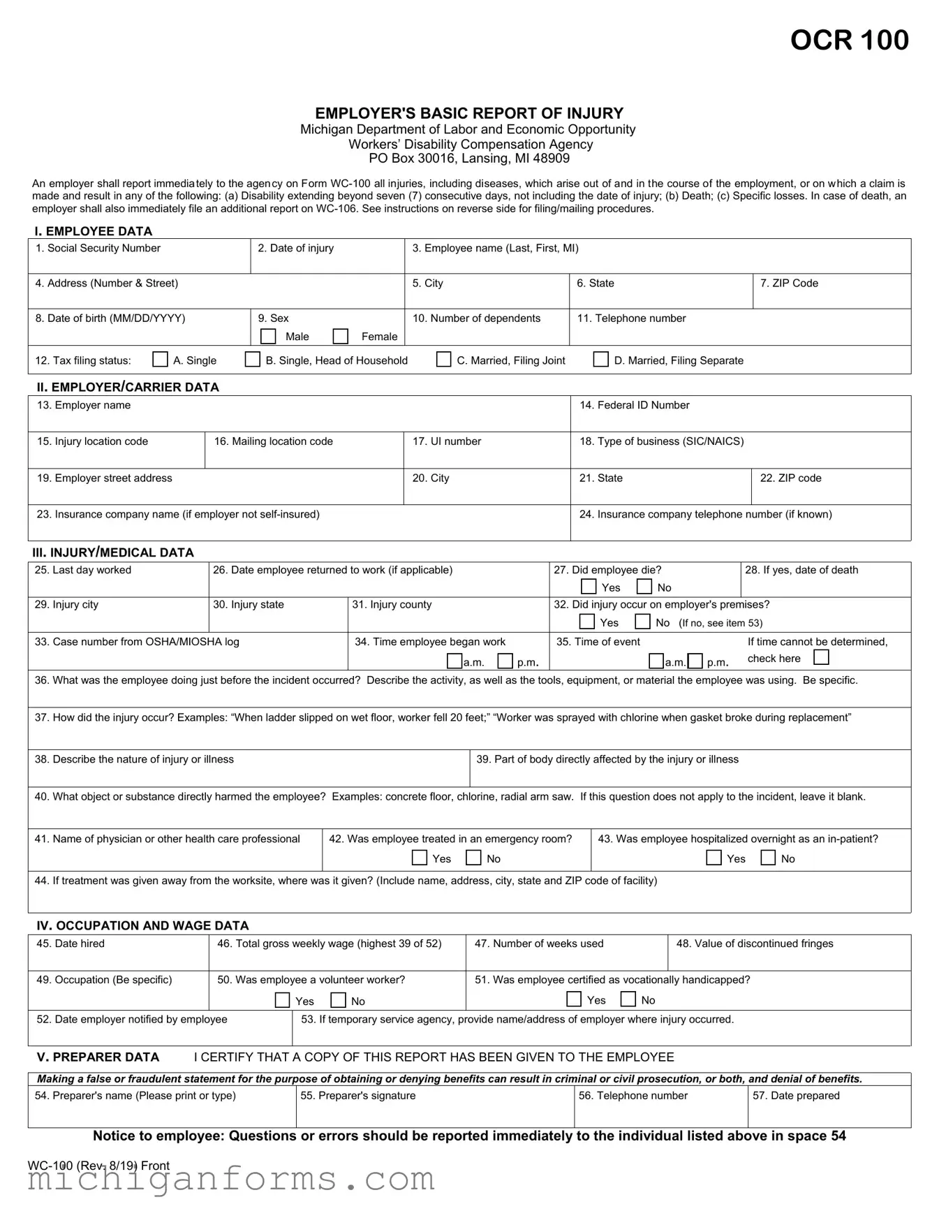 Michigan Wc 100 PDF Form