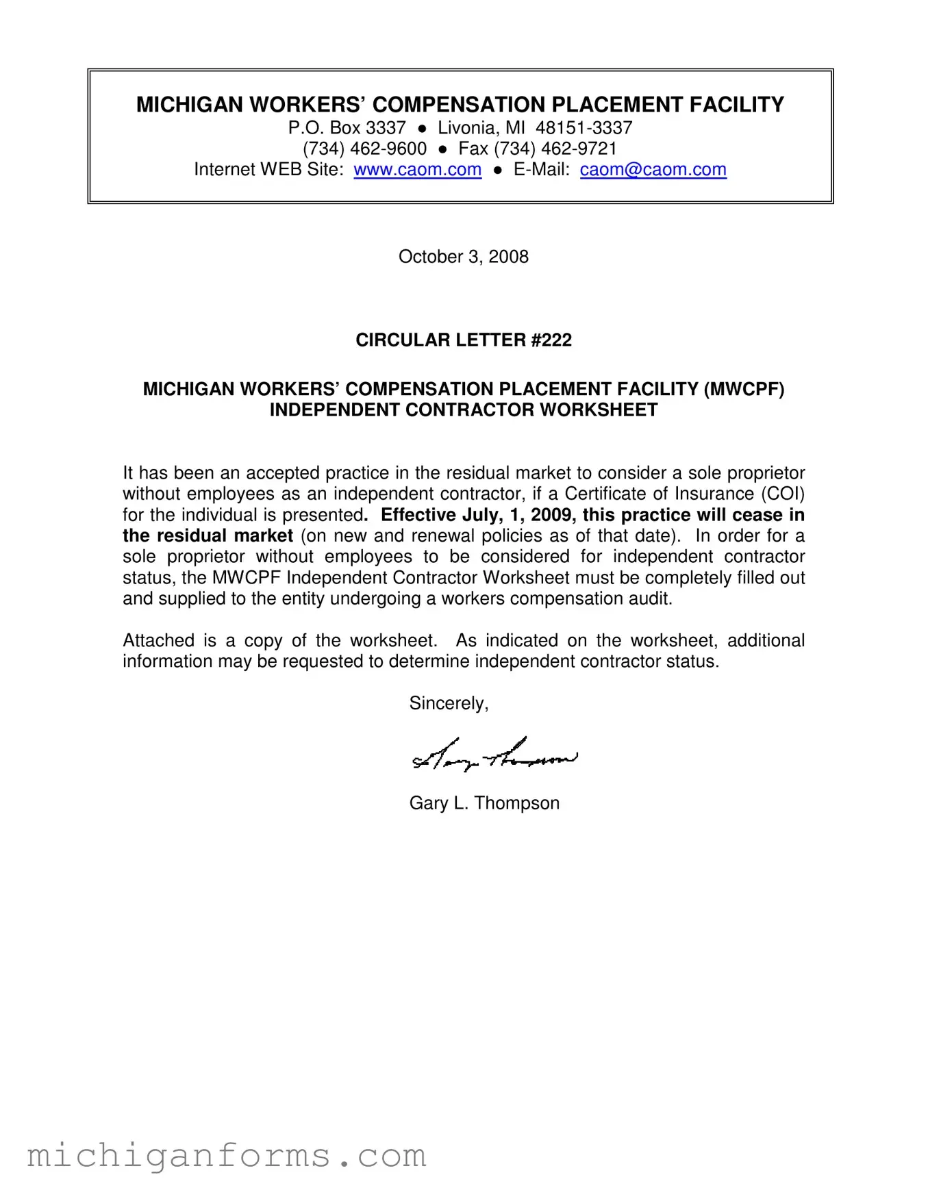 Michigan Workers Independent Contractor Worksheet PDF Form