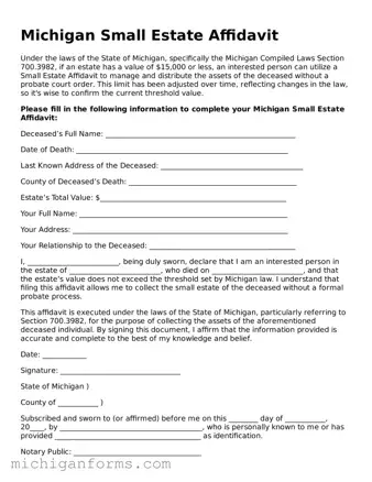  Small Estate Affidavit Document for Michigan