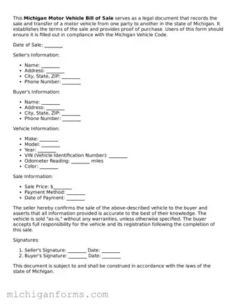  Motor Vehicle Bill of Sale Document for Michigan