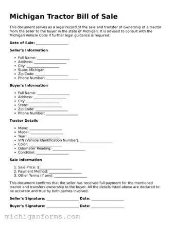  Tractor Bill of Sale Document for Michigan