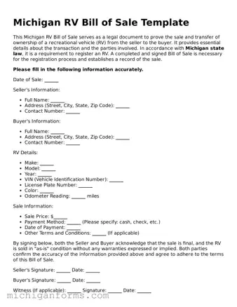  RV Bill of Sale Document for Michigan