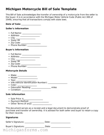  Motorcycle Bill of Sale Document for Michigan