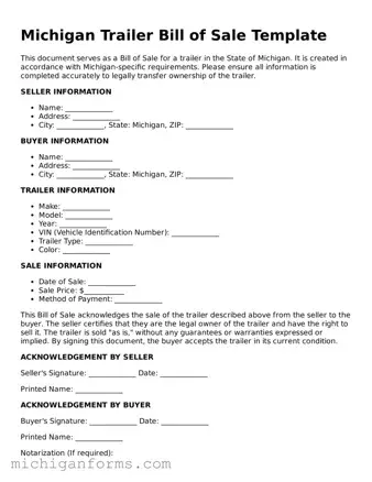  Trailer Bill of Sale Document for Michigan