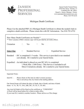 Michigan Death Certificate PDF Form