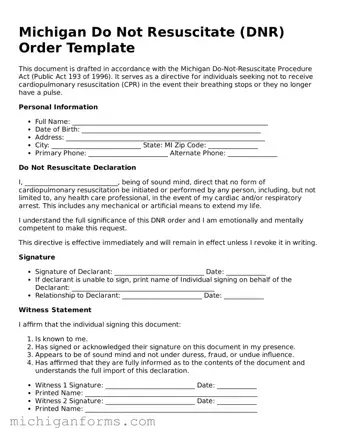  Do Not Resuscitate Order Document for Michigan