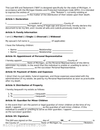  Last Will and Testament Document for Michigan