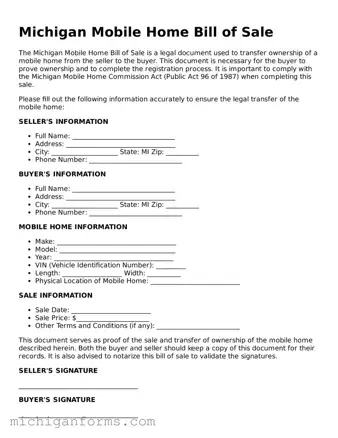  Mobile Home Bill of Sale Document for Michigan
