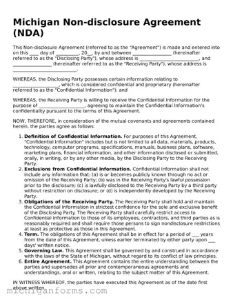  Non-disclosure Agreement Document for Michigan