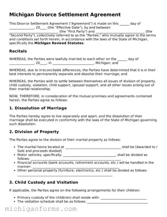  Divorce Settlement Agreement Document for Michigan