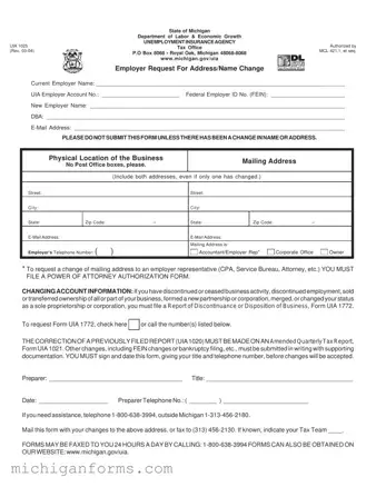 Michigan Uia 1025 PDF Form